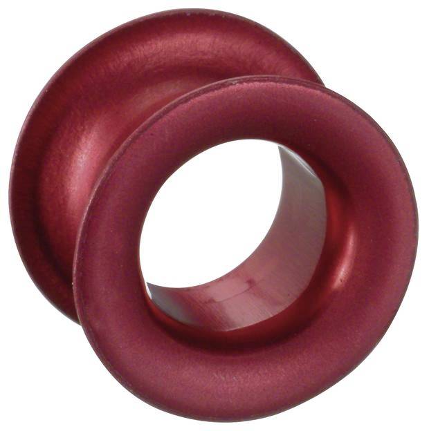 Roter Metall-Tunnel für gedehnte Ohrlöcher, zylindrische Form mit breiten Rändern.