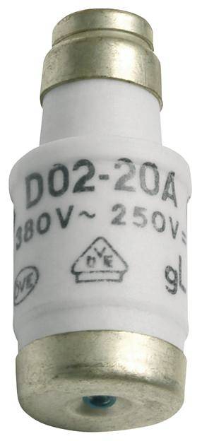 Weiße Schraubsicherung mit Beschriftung 'D02-20A' und '380V~ 250V='. Goldene Endkappen. Wird verwendet, um elektrische Stromkreise vor Überlastung zu schützen.