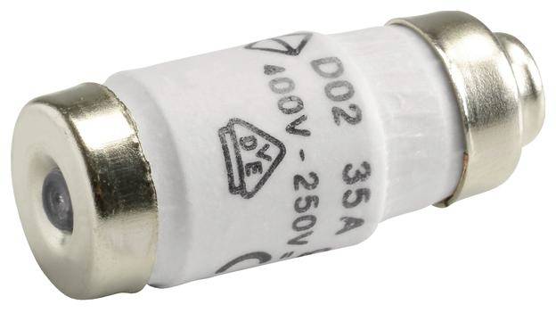 Elektrische Sicherung Typ D02, 35 Ampere, für Spannungen von 100 bis 250 Volt, zylindrische Form mit Metallenden.