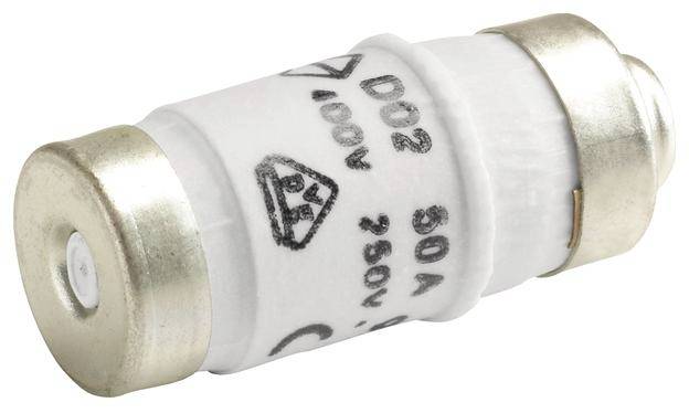 Weiße zylindrische Sicherung mit Metallkappen, markiert mit 50A 500V, geeignet für elektrische Geräte und Sicherungskästen.