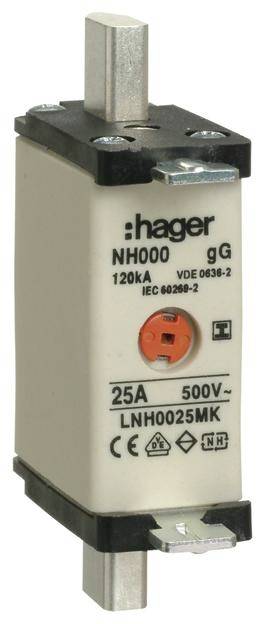 Eine NH-Sicherung von Hager, Typ NH000 mit einer Stromstärke von 25A und einer Spannung von 500V.