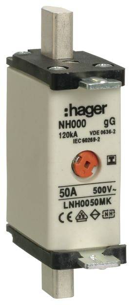Sicherungseinsatz der Marke Hager NH000 gG mit einer Nennstromstärke von 50A und einer Nennspannung von 500V.