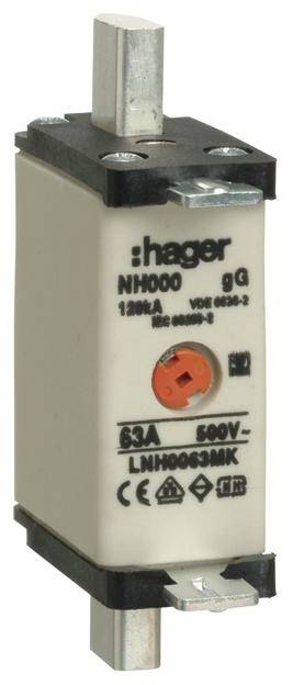 NH-Sicherungseinsatz der Marke 'Hager', Modell NH000, Typ gG, Leistungsdaten: 63A, 500V, zur Absicherung in elektrischen Anlagen.
