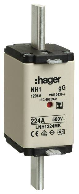 Sicherungseinsatz von Hager, NH1 gG, 224A, 500V, für Überstromschutz, mit VDE und IEC Zertifizierung, rechteckige Form.