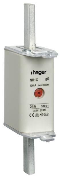 Ein Hager NH-Sicherungseinsatz NH1C, gG-Klasse, für 500V und 24A. Es zeigt die roten Anzeigen und Metallkontakte oben und unten.