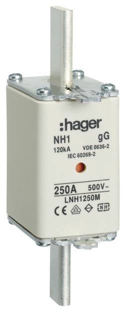 Sicherungseinsatz von Hager, Typ NH1, 250A, 500V mit der Aufschrift IEC 60269-2.