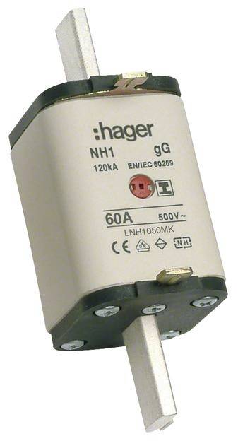 Sicherungseinsatz von Hager, Typ NH1, 60A, 500V, mit kA-Wert von 120. Eignung gemäß EN/IEC 60269, mit CE- und RoHS-Kennzeichnung.