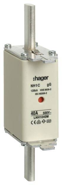 Sicherungseinsatz von Hager, Typ NH1C gG, 40A, 500V. 用于电流保护的电器元件，标有标准和规格信息，主要用于工业用途。