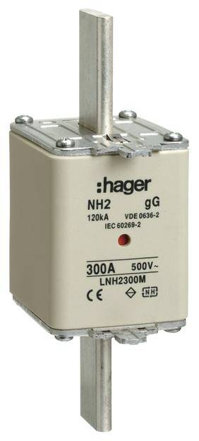 Abbildung eines NH-Sicherungsblocks von Hager, Modell LNH2300M, mit Nennstrom 300 A und Nennspannung 500 V, gemäß IEC 60269-2.