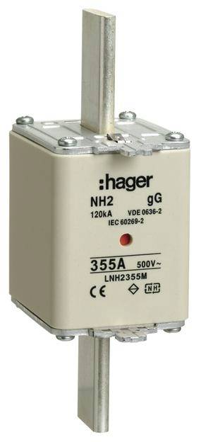 Ein weißer NH-Sicherungseinsatz von Hager mit der Aufschrift '355A, 500V, 120KA'. Geeignet für Hochspannungsanwendungen.