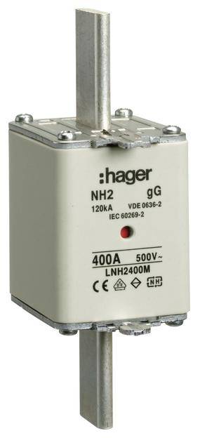 Ein NH-Sicherungseinsatz von Hager, Typ NH2, 120kA, 400A, 500V, mit CE- und TÜV-Zertifizierung. Geeignet für industrielle elektrische Anwendungen.