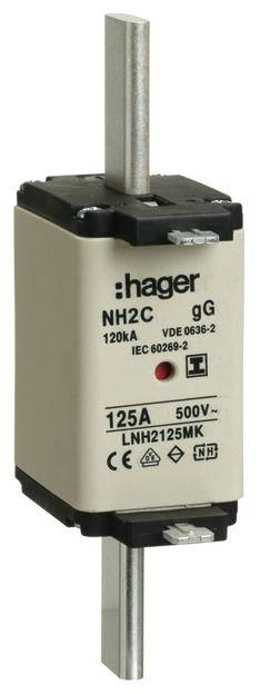 'NH2C gG' Sicherung von Hager mit 125A und 500V Spezifikation. Geeignet für elektrische Schutzanwendungen.