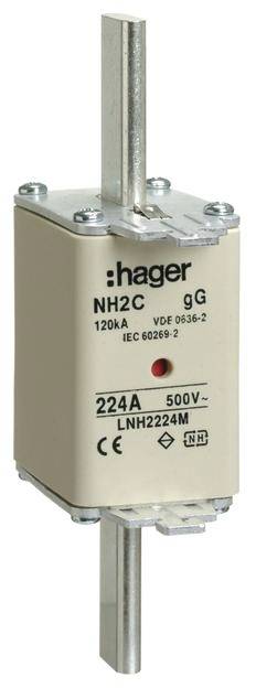 Abbildung eines NH-Sicherungseinsatzes von Hager mit der Aufschrift 'NH2C gG', geeignet für 224A und 500V, 120kA Nennstrom.