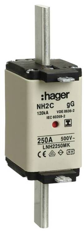 Ein zylindrischer Sicherungsautomat mit Aufschrift 'Hager NH2C gG', Nennstrom 250A, Spannung 500V, Standard VDE 0636-2, IEC 60269-2.