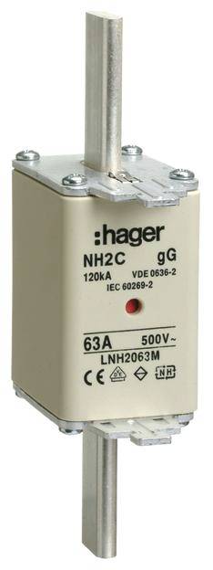 Elektrischer NH-Sicherungseinsatz der Marke Hager, Typ NH2C, gG, mit 63A und 500V Spezifikationen, zeigt technische Details und Modellnummer.