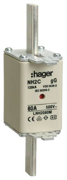 NH-Sicherungseinsatz von Hager mit der Bezeichnung 'NH2C', für 120 kA, 500V, 80A geeignet, entspricht VDE 0636-2 und IEC 60269-2.