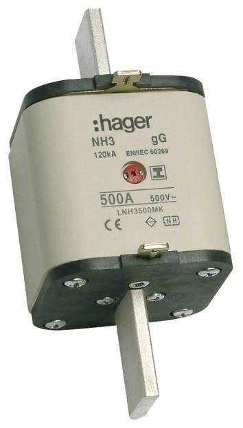 Sicherung NH3 gG von Hager, 120kA, 500A, 500V, Normen EN/IEC 60269, Modell LNH3500MK.