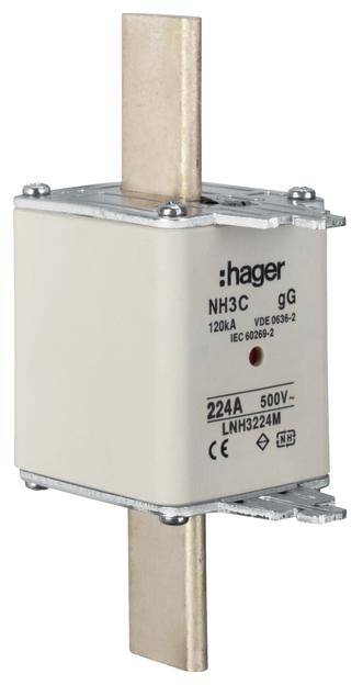 Ein NH-Sicherungseinsatz der Marke Hager, Typ 'NH3C gG', mit einer Nennstromstärke von 224A und einer Spannung von 500V.