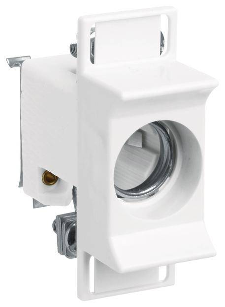 Weißes elektrisches Wandanschlussmodul mit rundem Anschlussloch, geeignet für die Installation systemeigener Geräteverbindungen.