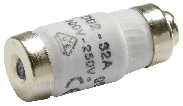 Zylinderförmige Schmelzsicherung mit Metallkappen, auf der '32A', '400V-250V' und 'CE' aufgedruckt sind. Elektrische Sicherheitskomponente.