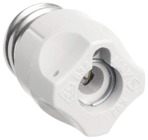 Weiße Keramik-Sicherung mit Metallelementen, geeignet für 400V, 63A.