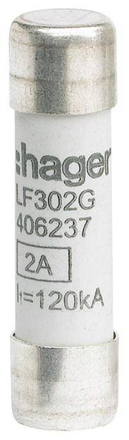 Kleine Glassicherung mit Metallkappen, markiert mit '2A', geeignet zur Überspannungsbegrenzung.