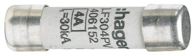 Sicherung mit Aufschrift 'Hager LF304PV' und Spezifikationen '4A, 30kA'. Geeignet für Photovoltaikanlagen.