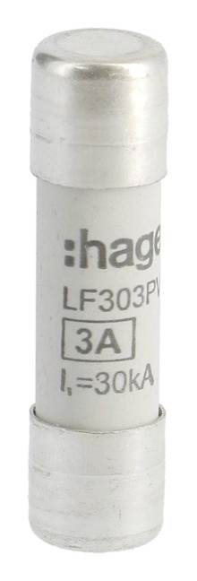 Eine zylinderförmige Sicherung mit der Aufschrift 'hager LF303PV 3A I,=30kA', geeignet zur elektrischen Schutzschaltung.