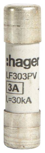 Eine Hager-Sicherung mit der Aufschrift 'LF303PV', '3A', 'I=30kA', zylindrische Form, hauptsächlich weiß mit metallischen Endkappen.