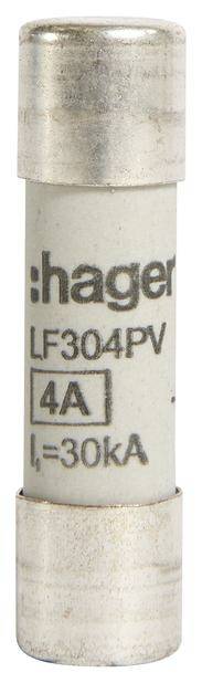 Eine zylindrische Glassicherung mit Metallkappen. Aufdruck: 'hager LF304PV 4A Iᵧ=30kA'.