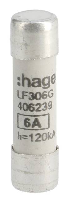 Zylinderförmige Sicherung mit Beschriftung 'hager LF306G 406239 6A Ie=120kA'. Hauptkomponente eines elektrischen Kreislaufs.