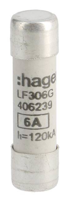 Eine weiße, zylindrische Sicherung mit der Aufschrift 'hagel LF306G 406239 6A I=120kA' auf der Oberfläche.