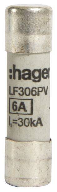 Ein zylinderförmiger Sicherungseinsatz mit der Aufschrift 'hager LF306PV 6A I₁=30kA', der für elektrische Schutzzwecke eingesetzt wird.