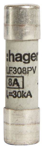 Eine zylindrische Sicherung mit der Aufschrift ':hager LF308PV 8A I=30KA', zeigt eine elektrische Komponente zur Überstrom-sicherung.