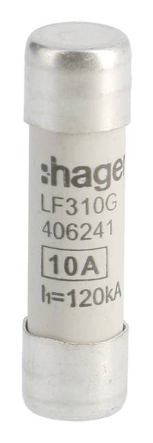 Sicherung mit der Beschriftung 'Hager LF310G 406241 10A I=120kA'.