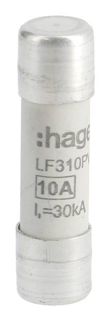 Eine zylinderförmige Sicherung mit der Aufschrift 'hager LF310PV 10A Iᵥ=30kA'. Sie ist für eine Stromstärke von 10 Ampere ausgelegt.