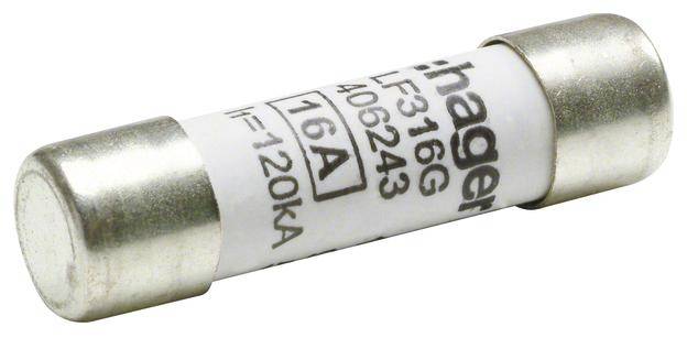 Sicherung mit 16A, Hager LF316G, zylindrische Form, metallene Endkappen, weiße Beschriftung auf dem Gehäuse.