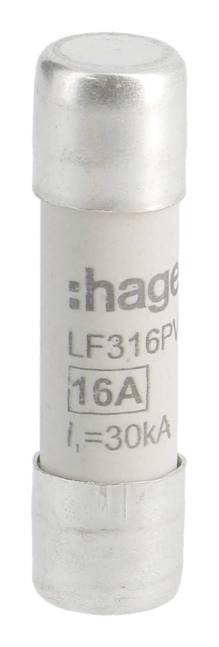 Eine zylindrische Sicherung mit der Aufschrift 'Hager LF316PV', Nennwert '16A' und 'I₆=30 kA'. Sie ist hauptsächlich in elektrischen Systemen verwendet.