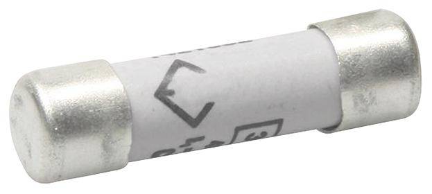 Ein zylindrischer Keramiksicherung mit Metallkappen an beiden Enden, verwendet zur Überstromschutz in elektrischen Geräten.