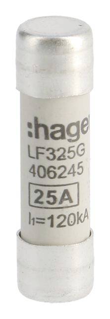 Eine Hager-Sicherung mit der Aufschrift 'LF325G 406245 25A I=120kA'.
