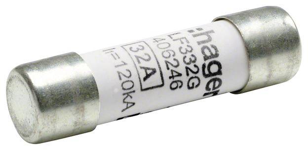 Metallzylinder-Sicherung mit der Aufschrift '32A' und 'hager', geeignet für den Schutz elektrischer Komponenten.