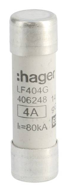 Sicherungseinsatz mit Beschriftung 'hager LF404G 406248 4A'. Geeignet für elektrische Anwendungen, max. Strom 4 Ampere.