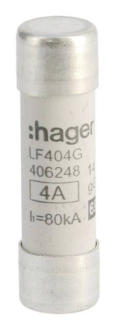 Eine zylindrische Sicherung mit der Aufschrift 'hager LF404G 4A'. Sie dient zum Schutz elektrischer Geräte durch Unterbrechung bei Überlastung.