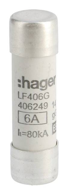 Sicherungseinsatz mit Aufschrift: 'Hager LF406G 6A'. Zylindrische Form, Metallkappen an beiden Enden.