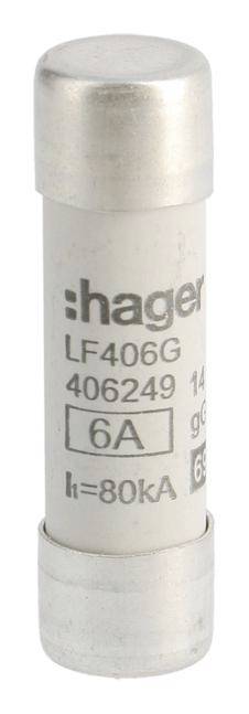 Eine zylindrische Sicherung der Marke Hager, Modell LF406G, mit einer Stromstärke von 6A und einer Abschaltleistung von 80kA.