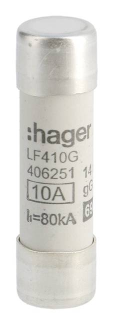Sicherung mit Aufschrift ':hager LF410G 406251 10A gG'. Geeignet für 10 Ampere.