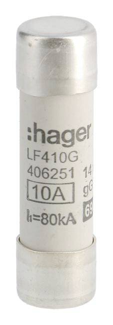 Eine Hager Sicherung vom Typ LF410G, 10 Ampere, mit der Aufschrift 'hager LF410G 406251 10A', geeignet für 80 kA.