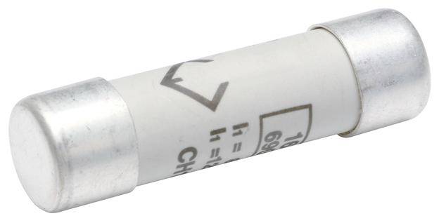 Eine zylindrische Sicherung mit metallischen Endkappen und einem weißen Körper. Sie ist weiß mit schwarzem Text und Symbolen bedruckt.