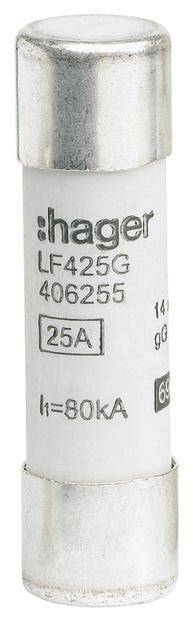 Ein zylindrischer Hager-Sicherungseinsatz, beschriftet mit 'LF425G 406255', '25A' und 'l=80kA', um elektrische Komponenten zu schützen.