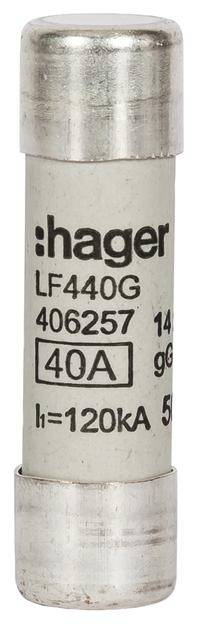 Eine elektrische Sicherung mit der Aufschrift 'Hager LF440G 40A'. Sie ist zylindrisch und für elektrische Schutzanwendungen geeignet.